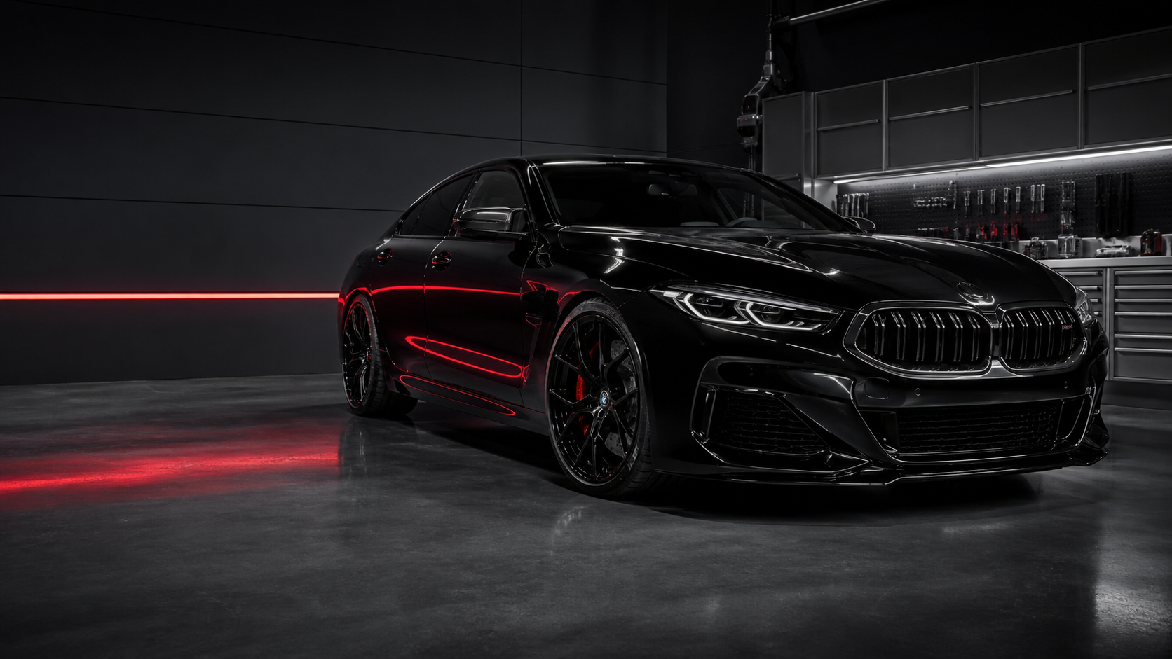 Finished black performance car in a professional workshop