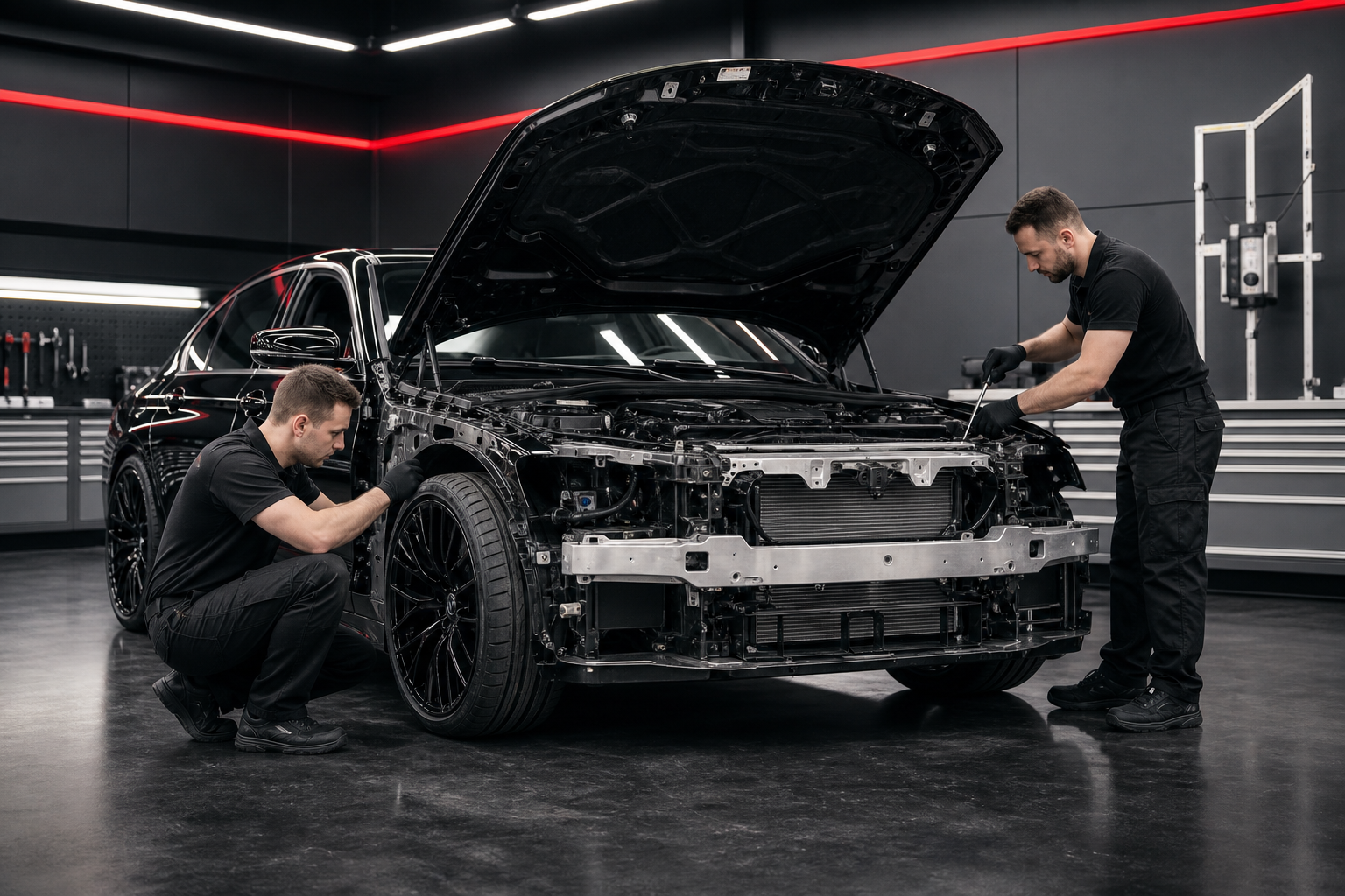 Technicians working on an exposed vehicle front